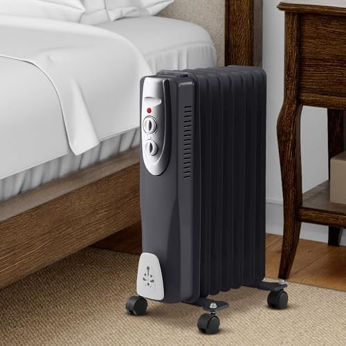 Oil Filled Radiator, 3 Heat Settings and Thermostat Timer, Overheat Safety Cut-off, Portable Heater with Quiet Operation (1 x Black 7 Fin)