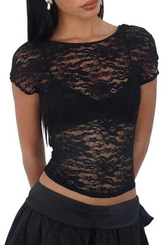 Edhomenn Women's Sheer Lace Tops 2023 Short Sleeve Open Back Fashion Slim Fit T-Shirts Y2k Sexy Blouses Streetwear (01 Black, L)