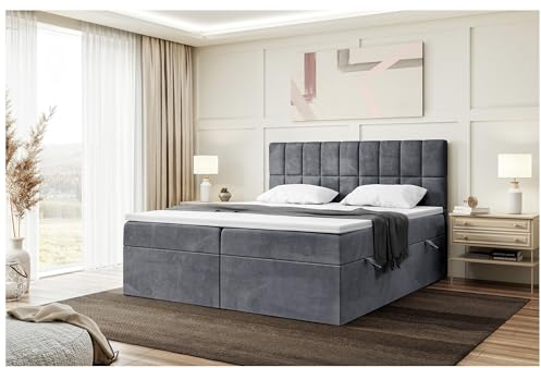 MEBLINI Boxspringbett mit Bettkasten - Gepolstert Doppelbett mit Matratze und Topper - Polsterbett mit Stauraum - Bett mit Kopfteil - Stauraumbett - Lukas - 180x220 - H3/Dunkelgrau Samt