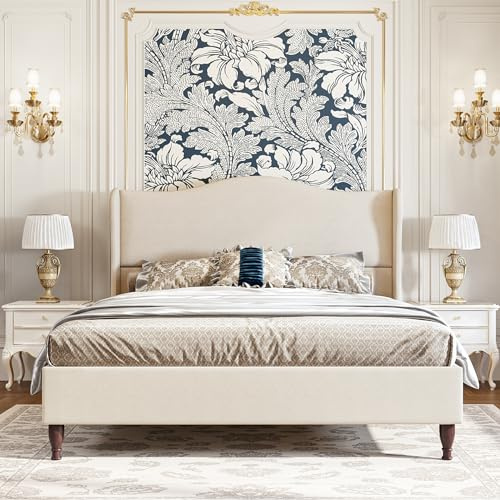 koorlian Queen Size Bed Frame Upholstered Platform Bed with 51 Tall Headboard Wingback, Soft Fabric, Retro Simple Style Platform Bed No Box Spring Needed, Easy Assembly, Beige