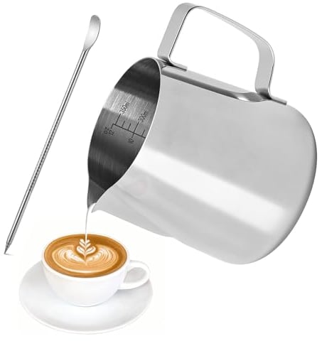 FIOUSY Melkkannetje van roestvrij staal, vrijstaande koffie, melkkannetje, kan, beker met maat Mark en Latte Art Pen, Milk pitcher karaffen voor(350ml)