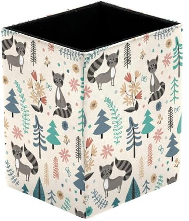 Eslifey Pen Holder Square Pencil Holder for Desk, Vintage Forest Cartoon Animal Brown Raccoon Pen Pot Pen Cup Makeup Brushes Holder Stand Display Desk Stationery Organizer for Home Office School