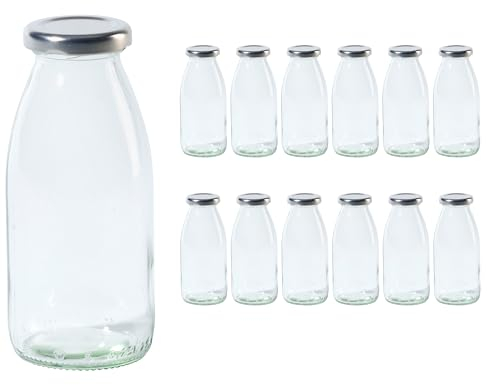 Vitrea 12 leere Glasflaschen 250ml Schraubverschluss Silber - Milchflaschen, Saftflaschen, kleine Flaschen zum Befüllen mit Deckel - für Milch, Saft, Smoothies, Öl - 12 Stück, TO43, Hansa