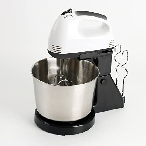 Elektrischer Handmixer 2 in 1 Twin Hand Und Standmixer 7-Gang Mit Turbo-Funktion Professioneller Rührbesen Mit 4 Edelstahlaufsätzen (2 Schneebesen Und 2 Knethaken)(White)