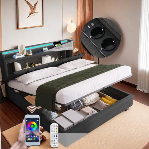 Lit Coffre 160x200 avec éclairage LED, lit 2 Personnes, lit capitonné 160x200cm avec Rangement, Lit Coffre avec Charge USB, Espace de Rangement, lit Double avec sommier à Lattes, Gris (sans Matelas)