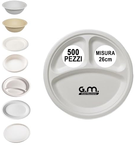 G.M. DISTRIBUZIONE 500 Piatto Tondo Triscomparto in Polpa di Cellulosa 26cm, Ideale per Cibi Caldi e Freddi, Piatti Impermeanbilie Adatti al Microonde, Biodegradabili e Compostabili
