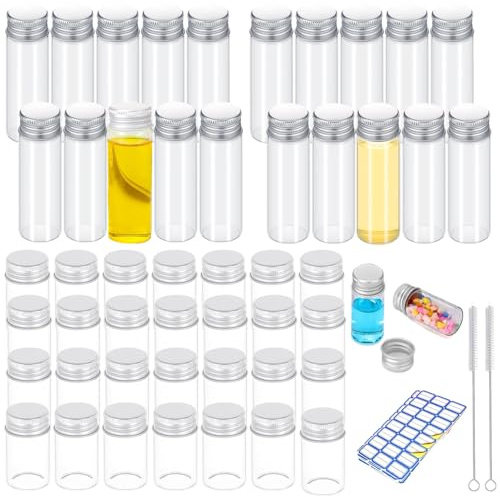 ZEEROQOLAB 50 Pièces Tubes à Essai en Verre Deux Modèles 10ml/20ml | Bouteilles Vides avec Bouchons à Visser, avec 2 Brosse de Nettoyage, 3 Autocollant d’étiquette, Pour Épices, Liquides, Sels
