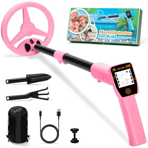 Metalldetektor Kinder, Smofrees Über USB Wiederaufladbarer Kleiner Kinder Metalldetektor, Verstellbarer 60-86cm Tragbarer Metalldetektor mit lustigem LCD-Display für die Erkundung im Freien, Rosa