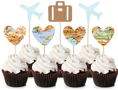 Blumomon 24pcs Reise Flugzeug Cupcake Dekoration Blaue Flugzeug Herz-geformte Karte Gepäck Cupcake Auswahl Reise Thema Baby Dusche