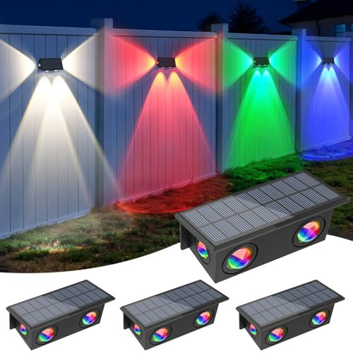 NATPOW Applique Solaire Extérieur RGB, 7 Couleur Applique Murale Solaire avec 4 LEDs, Changement de Couleur Lampe Exterieur Solaire, IP65 Étanche pour Clôture, Escaliers, Balcon, 4 Pièces