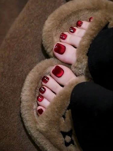 Artificial Toenails,MouyouGlow 24 Stück Fake Zehennägel Fußnägel zum Aufkleben Kurz,Squared Burgundisch Rot Wine Red Einfarbige Cat Eye Magnetic Künstlich Toe Nails Full Cover Fuß Press on