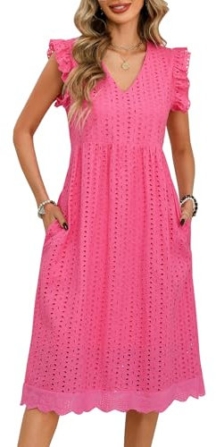 PASUDA Robe d'été pour Femme en Coton Col en V Robe Mi-Longue Chic Et Elegant Taille Haute Boheme Robe sans Manches Genou Robe de Plage avec Poches (Rose, S)
