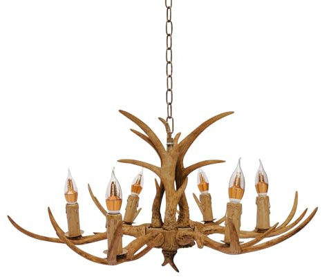 WooDerson Geweih Kronleuchter 220V, Retro Nostalgische Lampe aus Harz Antler Hirschgeweihlampe Kronleuchter mit sechs E14 Spirallampenfassungen für Wohnzimmer Bar Restaurant