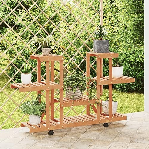 Festnight Pflanzenständer Holz mit Rollen Blumenregal Balkon Blumentreppe Outdoor Wetterfest Pflanzenregal Indoor Pflanzen Regal Blumenständer Für Draußen Terrassenregal Balkonregal 110x25x78 cm