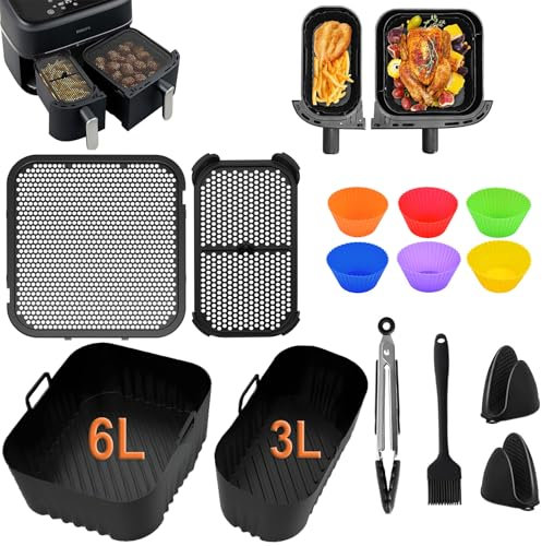 Airfryer Accessories - Splash Guard Hot Air Fryer Accessories for Philips Dual Basket Airfryer 3000 Series NA350 NA550 6L/3L, Airfryer Silicone Mould Accessory Set, BPA-Free, Effectively Stops Fat