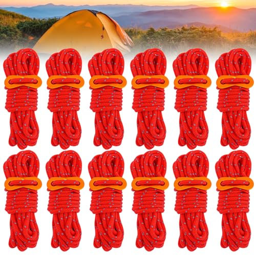 Vaileal Lot de 12 haubans réfléchissants avec tendeurs de câble en aluminium, 4 mm, cordes de haubans réfléchissantes, 4 m, tendeurs légers avec tendeur pour tente, bâche de tente, camping (rouge)