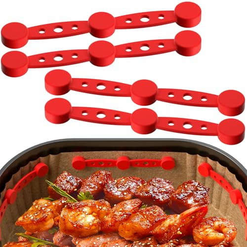 Air Fryer Silicone Magnet Clips 4-Pack (Upgraded Red) - Heat-Resistant Safety Buckles to Secure Parchment Liners | Prevent Paper Burning & Food Covering | Universal Fit for All Iron-Basket Models