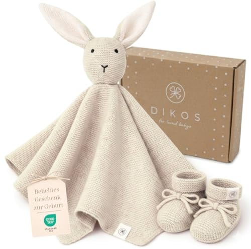 DIKOS Babygeschenk zur Geburt – Geschenkset Kuscheltuch Hase & Babysocken | Mit Geschenkbox, Schmusetuch (40×40 cm) & Stricksocken für Neugeborene – zur Geburt & Babyparty, Bio-Baumwolle, OEKO-TEX 100
