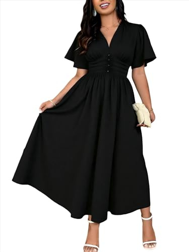 TANDD Women Dresses Casual Plus Size Bohemian Short Sleeve Long Maxi Summer Beach Swing Dress 004 (XXL, Plus, Black)