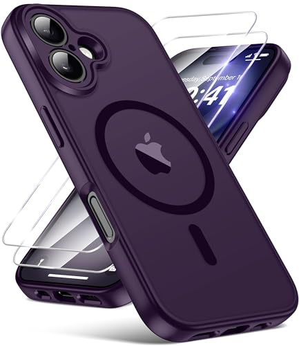 FLLAO Magnetic for iPhone 16 Case with 2 HD Screen Protector, Purple | 2 Tempered Glass, Full Camera Protection, Military-Grade Shockproof, Slim Translucent Matte Hard Back Bumper Phone Cover