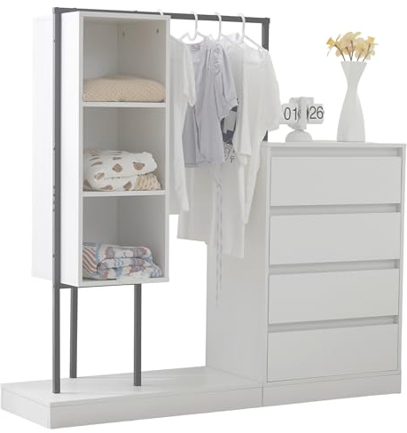 dowowdo Weiß Kleiderschrank Set mit Schubladen & Kleiderstange, Flur Garderobe Schuhschrank Kommode, Schmaler Aufbewahrungsschrank für Flur & Schlafzimmer, Stabile Konstruktion, Viel Stauraum
