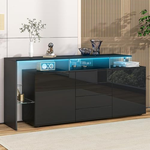 Azkoeesy Cassettiera da 160 cm per soggiorno, credenza con 4 cassetti e LED, mobile TV, buffet, ampio spazio di archiviazione, per sala da pranzo e cucina (Schwarz)