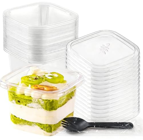 50 Stück Dessertbecher Eckig Plastik, 360ml, mit Deckel, mit 50 Löffeln | Kunststoff Dessertbecher, Klare Dessertschalen, Wiederverwendbar, Quadratischer Plastikbecher für Nachtisch, Mousse, Tiramisu