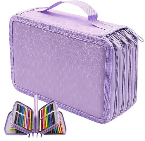 Puedno Federmäppchen Groß mit 72 Slots, Portable Mäppchen, 4 Fach Federtasche Groß mit Reißverschluss Tragegriff, Wasserdicht Federmappe für Buntstifte Marker Kugelschreiber (Lila)