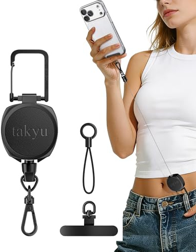 takyu Black Anti-theft Phone Lanyard Retractable Steel Line | Universal Phone Lanyard, Retractable Steel Line, Locking Carabiner, Metal 360° Tether Tab, for Outdoor Hiking Climbing