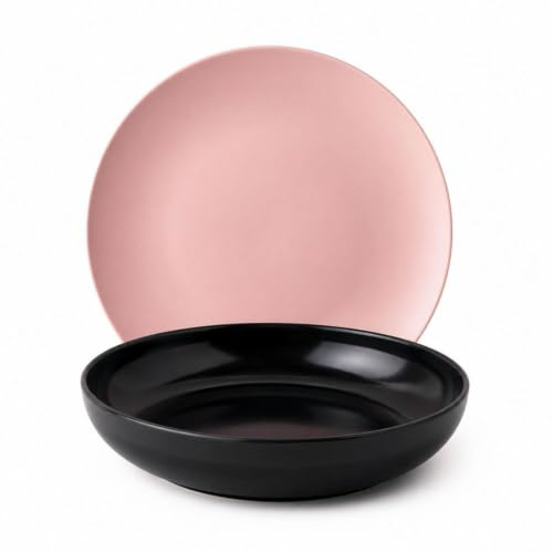Servizio Piatti 12 Pezzi in Ceramica – 6 Piatti Piani Rosa+ 6 Piatti Fondi Neri – Set Tavola per 6 Persone – Lavastoviglie e Microonde – Design Moderno