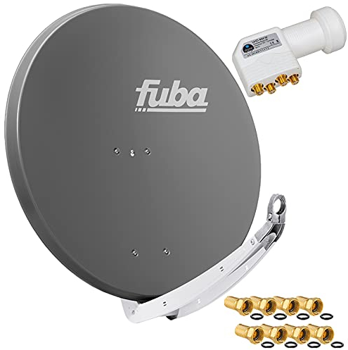 FUBA 4 Teilnehmer Digital SAT Anlage DAA850A anthrazit + Hochwertiger Quad LNB weiß + 8 Vergoldete F-Stecker