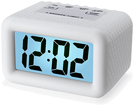 Plumeet Digital Alarm Clock with Snooze and Nightlight Function, Large LCD Display Travel Alarm Clock Easy to Use, Ascending Sound Alarm and Handheld Sized, Batteries Powered (White)