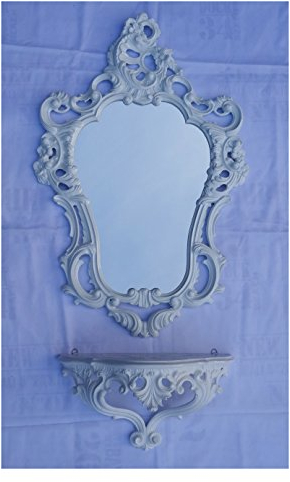 Lnxp 2-teiliges Set in Weiß bestehend aus Wandspiegel + Wandkonsole Oval Barock Antik 50x76cm Flur Eingangsmöbel Möbel Konsole Ablage Spiegel + Wandregal