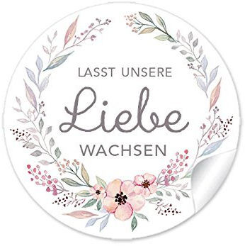 72 STICKER Lasst unsere Liebe wachsen PASTELLFARBEN mit Büten Für Gastgeschenke zur Hochzeit zum Verzieren für kleine Samentüten, niedliche Blumentöpfe und Reagenzgläser 4 cm, rund, matt