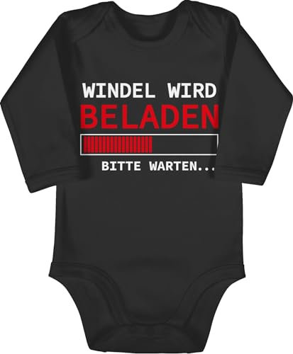 Body langarm Mädchen Junge - Sprüche - Windel wird beladen bitte warten I Nachwuchs Geschenk Baby Geschenk werdende Eltern - 3/6 Monate - Schwarz - babybody neugeborene babygeschenke spruch
