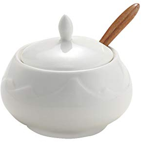 HCHLQLZ Sugar Bowl, Ceramic Sugar Bowl with Lid and Bamboo Spoon for Home and Kitchen - Mountain Design, White