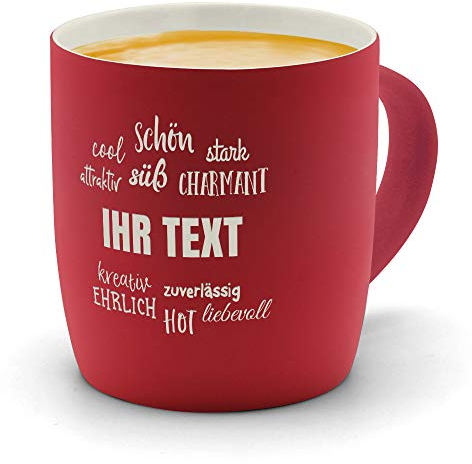 printplanet® - Kaffeebecher mit eigenem Text graviert - SoftTouch Tasse mit Wunschtext - Matt-gummierte Oberfläche - Farbe Rot - Motiv: Positive Eigenschaften