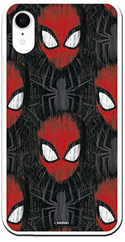Case for iPhone XR Official Marvel Spiderman Faces Black Background to Protect Your Mobile. Flexible Silicone Apple Case with Official Marvel License.