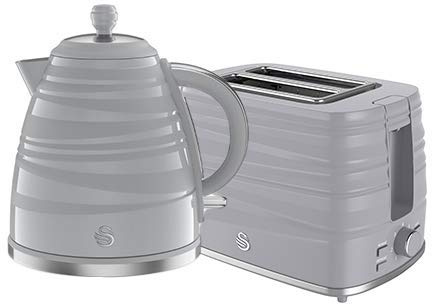 Swan Symphony 2 Pack Kettle and Toaster Set in Grey, Contemporary Style, Eye-Catching Gloss and Matte Ribbon Motif, Energy Efficient, STP3050GRN