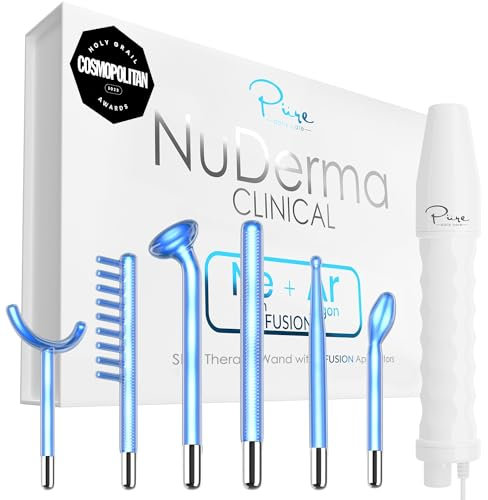 NuDerma Clinical Therapy Wand - Portable Handheld High Frequency Machine With 6 FUSION Neon + Argon Wands - Natural Acne Treatment, Skin Tightening, Wrinkle Reducing for Facial Care