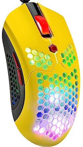Wired Lightweight Gaming Mouse 65G, 26 RGB Backlit USB Gaming Mice & 7 Buttons Programmable Driver, PAW3325 12000DPI, with Ergonomic Ultralight Honeycomb Shell model O for PC Gamers,Xbox, PS4-Yellow