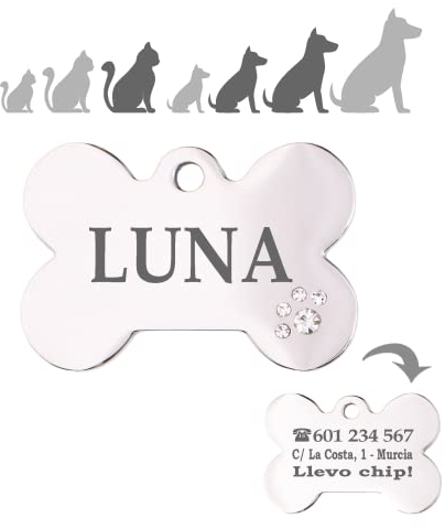 Ibera Gifts - Chapa Perro Grabada De Acero Inoxidable En Forma De Hueso, Tamaño 37 x 23 mm, Placa Perro Personalizada Para Perros Medianos Hasta Grandes