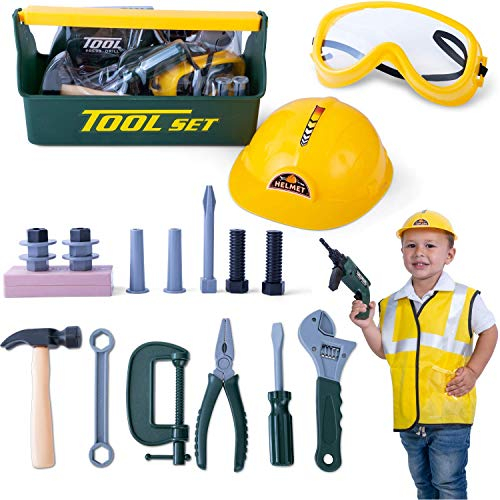 JoyKip Kit d'outils de Construction pour Enfants avec perceuse, étui de Transport et Accessoires - Jeu de rôle de Construction de Constructeur