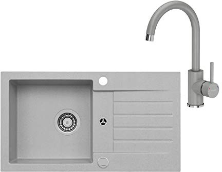 VBChome Spüle mit Armatur 75 x 42 cm Grau Spültischarmatur Granit Einzelbecken Einbauspüle gesprenkelt reversibel Verbundspüle Siphon Drexexcenter Wasserhahn Einhebel