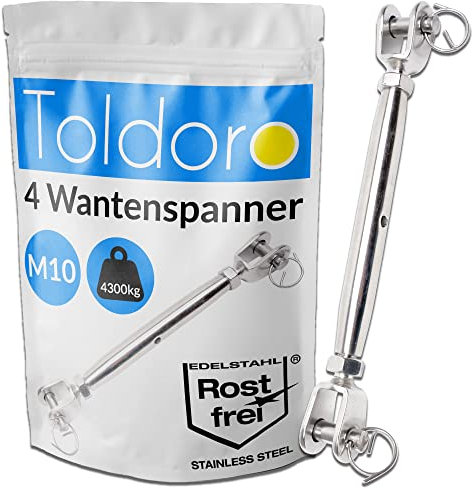 Toldoro 4 Stück M10 Wantenspanner Edelstahl rostfrei V4A / Sonnensegel Spanner, Spannschloss, Seilspanner, Drahtspanner Gabel als Sonnensegel Zubehör/geschlossene Form