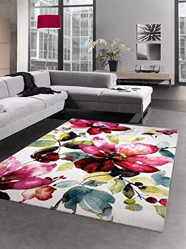 CARPETIA Moderner Teppich Kurzflor Wohnzimmerteppich Blumen Blüten bunt rot grün türkis Größe 120 cm Rund