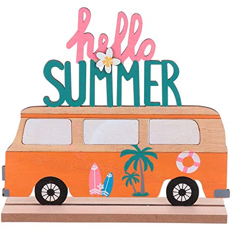 Amosfun Aufsteller Holz Schriftzug Bus Hello Summer Holzschrift Tropischer Stil Desktop Ornament DIY Sommer Frühling Luau Party Hawaiianische Deko Tischdeko Büro Zuhause Dekoration