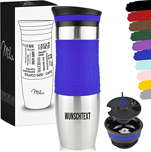 Milu Thermobecher 450ml mit Gravur - als Geschenk-Idee Ostern, Vatertag, Muttertag, Weihnachten, Einschulung, Liebesgeschenk, Geburtstag, Frauen und Männer Mama Papa Kinder (Blau + Gravur)