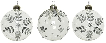 Decoris Weihnachtskugeln Glas 8cm x 3 Stück mit Motiv Strasssteinen Schneeflocken transparent klar