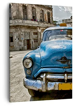 Bilder auf Leinwand Auto Retro Kuba Havanna Leinwandbild mit Rahmen 50x70cm Wandbilder Dekoration Wohnzimmer Schlafzimmer Küche Deko Groß Wanddeko Bild Wand Kunstdruck Art Wall Canvas PA50x70-2461